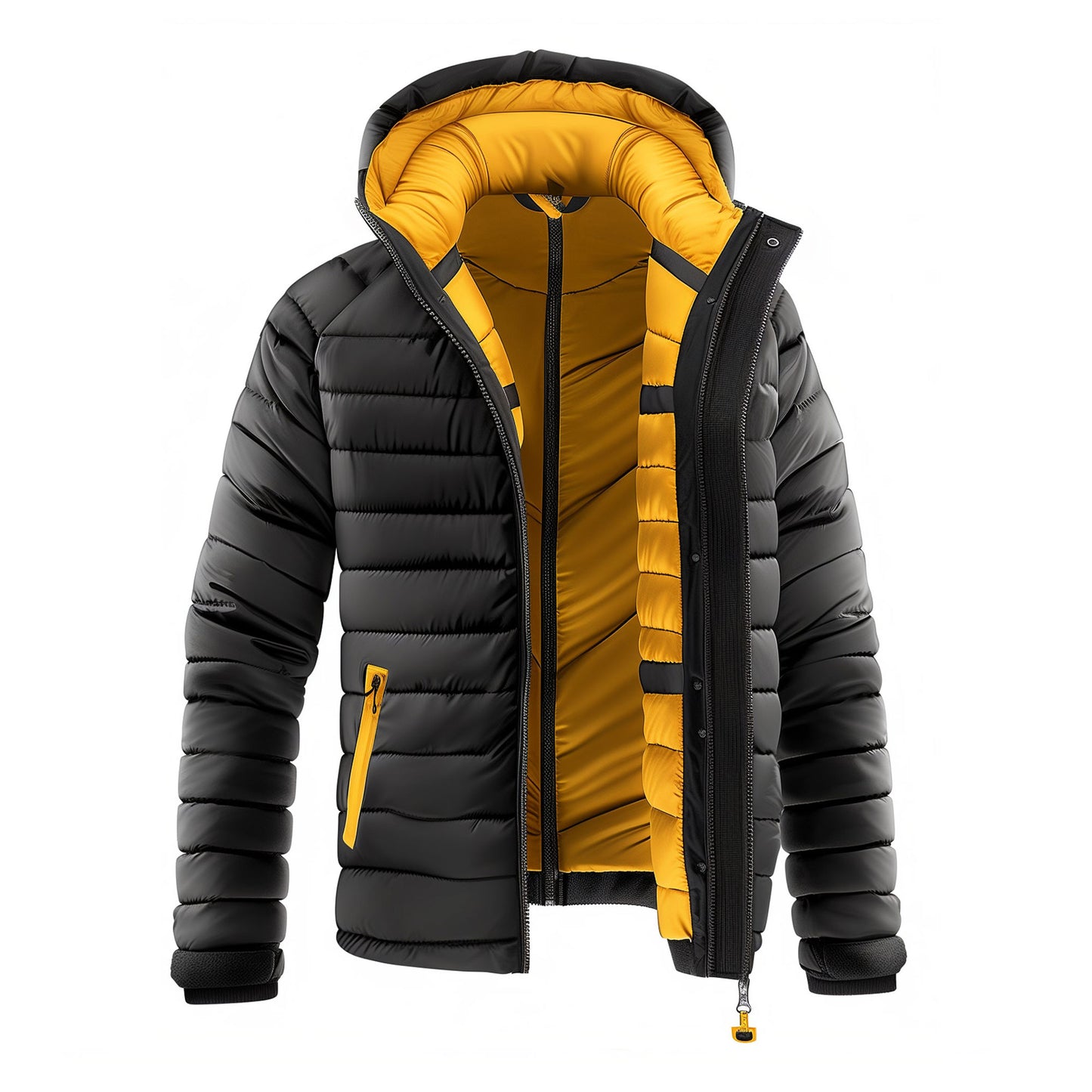 Mens Puffer Jacket with Hood Hip-Length Puffer Black Contrast Lightweight Quilted Patterns Removable Hood Multiple Pockets Mens Puffer Jacket