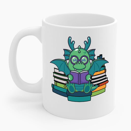 Funny Dragon and Books Nerds Cute Dragon Reading A Book Coffee Mug For Men Women