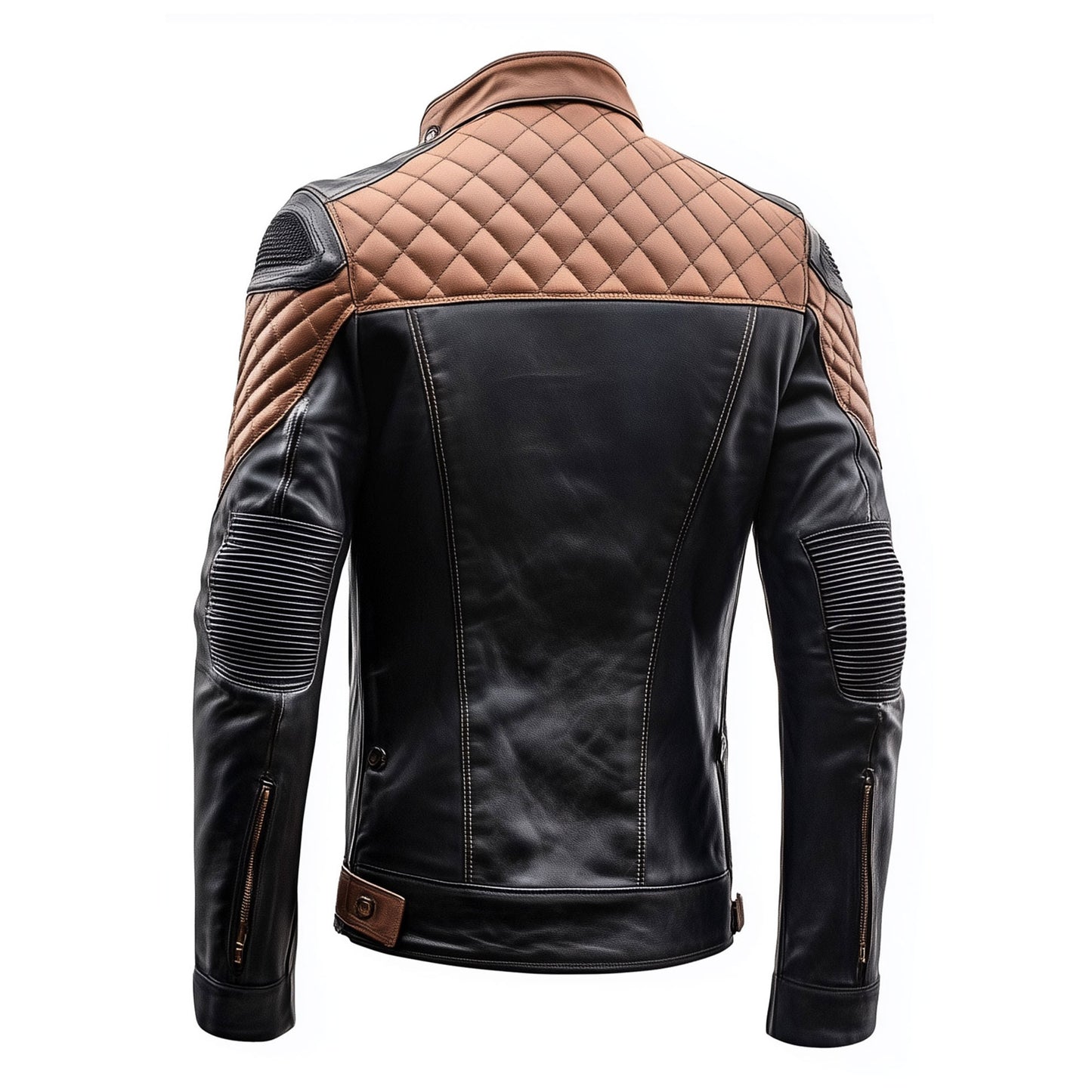 Mens Leather Jacket Black Brown Contrast Biker Zipper Shoulder Padded Protection Stand Collar Multipockets Motercycle Genuine Leather Jackets For Men