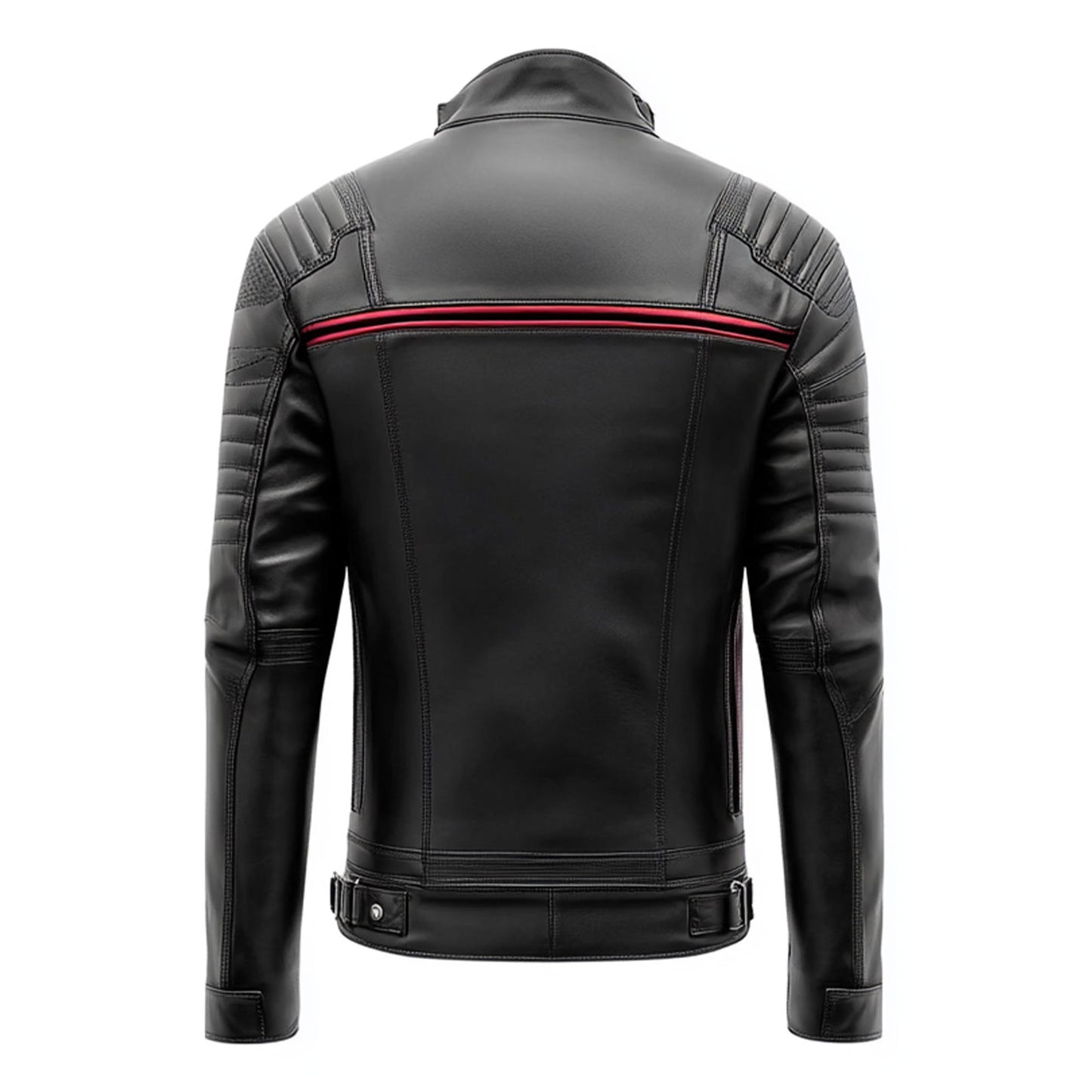 Mens Leather Jacket Biker Zipper Padded Protection Black with Red Pipping Stand Collar Multipockets Motercycle Genuine Leather Jackets For Men