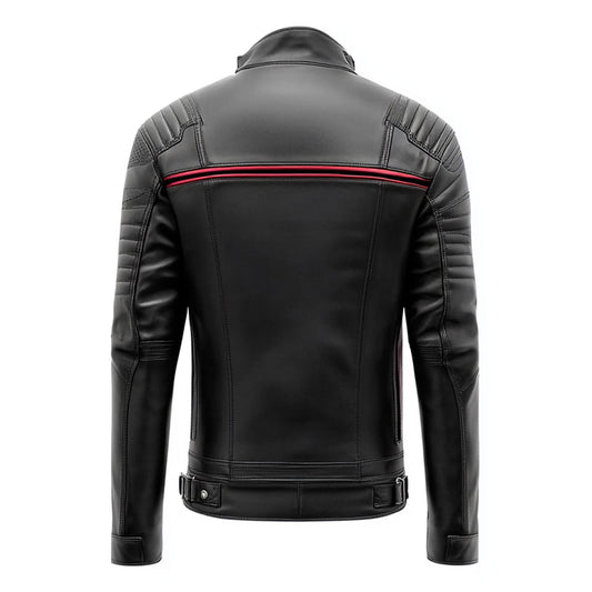 Mens Leather Jacket Biker Zipper Padded Protection Black with Red Pipping Stand Collar Multipockets Motercycle Genuine Leather Jackets For Men