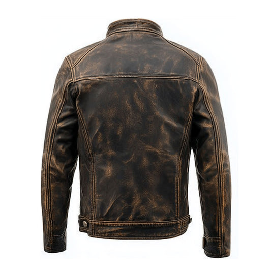 Mens Vintage Cafe Racer Biker Leather Jacket Zipper Stand Collar Multipockets Motercycle Distressed Genuine Leather Jackets For Men