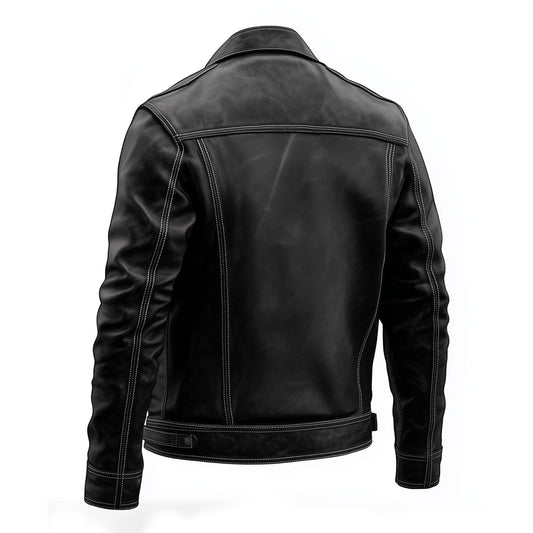 Mens Leather Trucker Jacket Flaps Slanted Pockets Denim Genuine Leather Jackets For Men