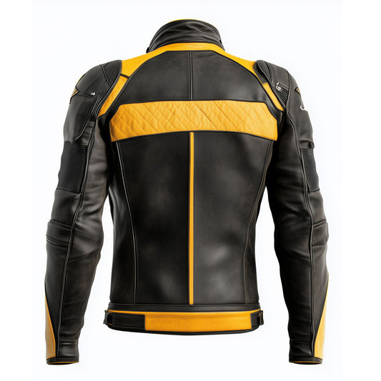 Mens Leather Jacket Biker Zipper Protection Black Yellow Contrast Stand Collar Multipockets Motercycle Genuine Leather Jackets For Men