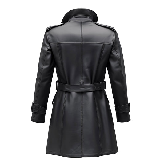 Mens Mini Trench Coat Leather Trench Coat Double Breasted Leather Coats Water Resistant Storm Flap Lepal Collar Multipockets Genuine Leather Jackets For Men