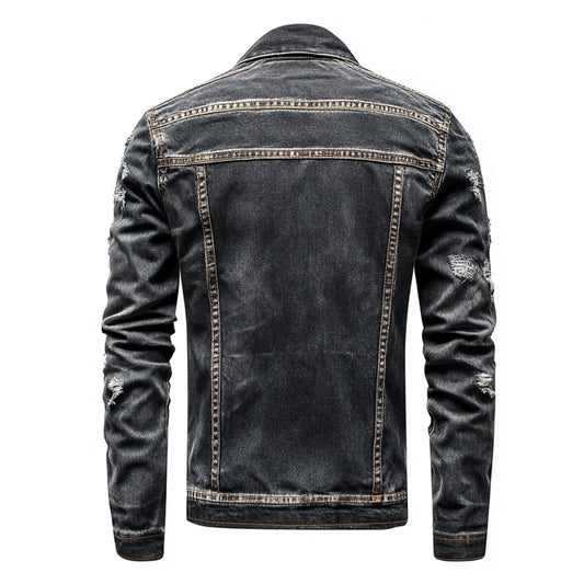 Mens Denim Jacket Distressed Comfortable Durable Black Jeans Flaps Slanted Front Pockets Lepal Trucker Jackets For Men