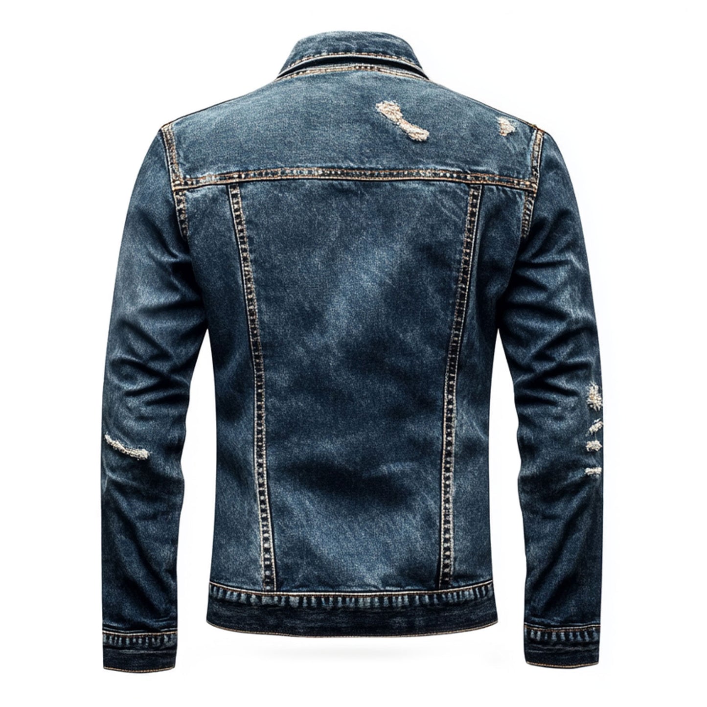 Mens Denim Jacket Distressed Comfortable Durable Blue Jeans Flaps Slanted Front Pockets Lepal Trucker Jackets