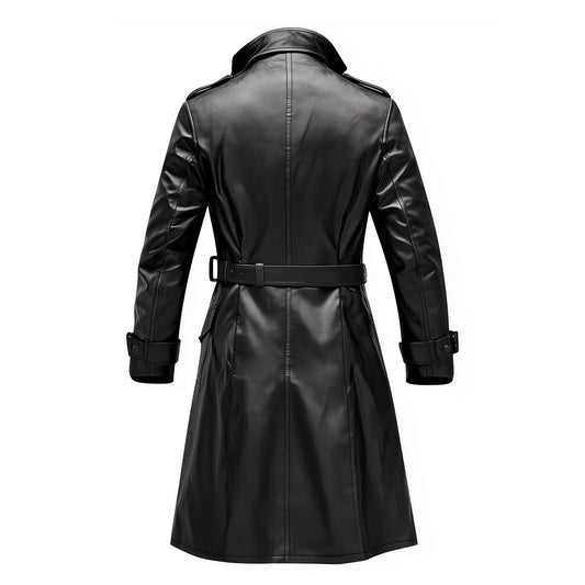 Mens Mini Trench Coat Knee Length Leather Trench Coat Double Breasted Leather Jacket Water Resistant Storm Flap Lepal Collar Multipockets Genuine Leather Jackets For Men