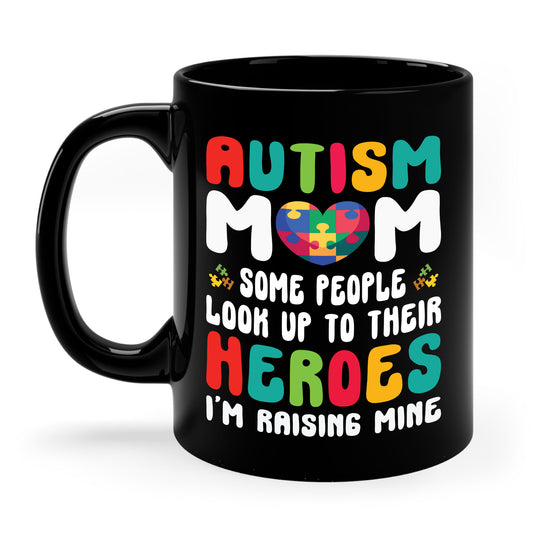 Funny Autism Mom Raising Hero Groovy Messy Bun Autism Awareness Coffee Mug For Men Women
