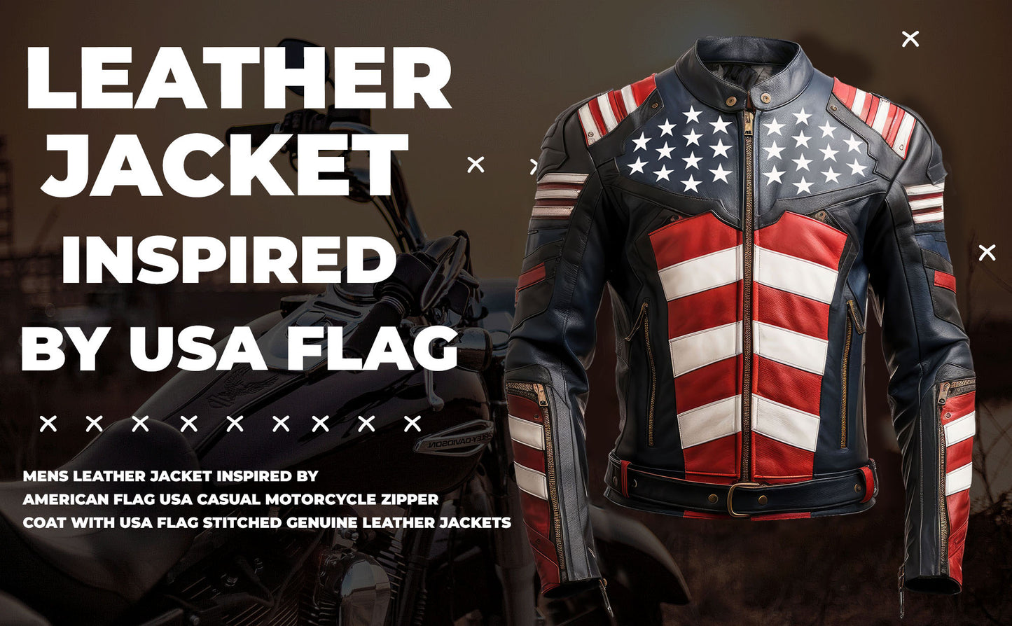 Mens Leather Jacket Inspired by American Flag USA Casual Motorcycle Zipper Coat With USA Flag Stitched Genuine Leather Jackets