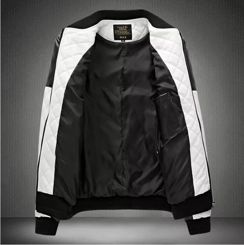 Men's Black and White Leather Fashion Diamond Jacket Big Yards Warm Genuine Leather Jackets