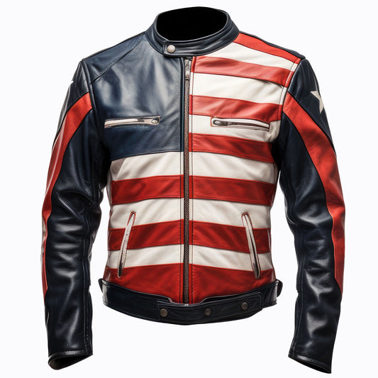 Mens Inspired by American Flag Casual Motorcycle Zipper Coat With USA Flag Red Blue and White Genuine Leather Jackets