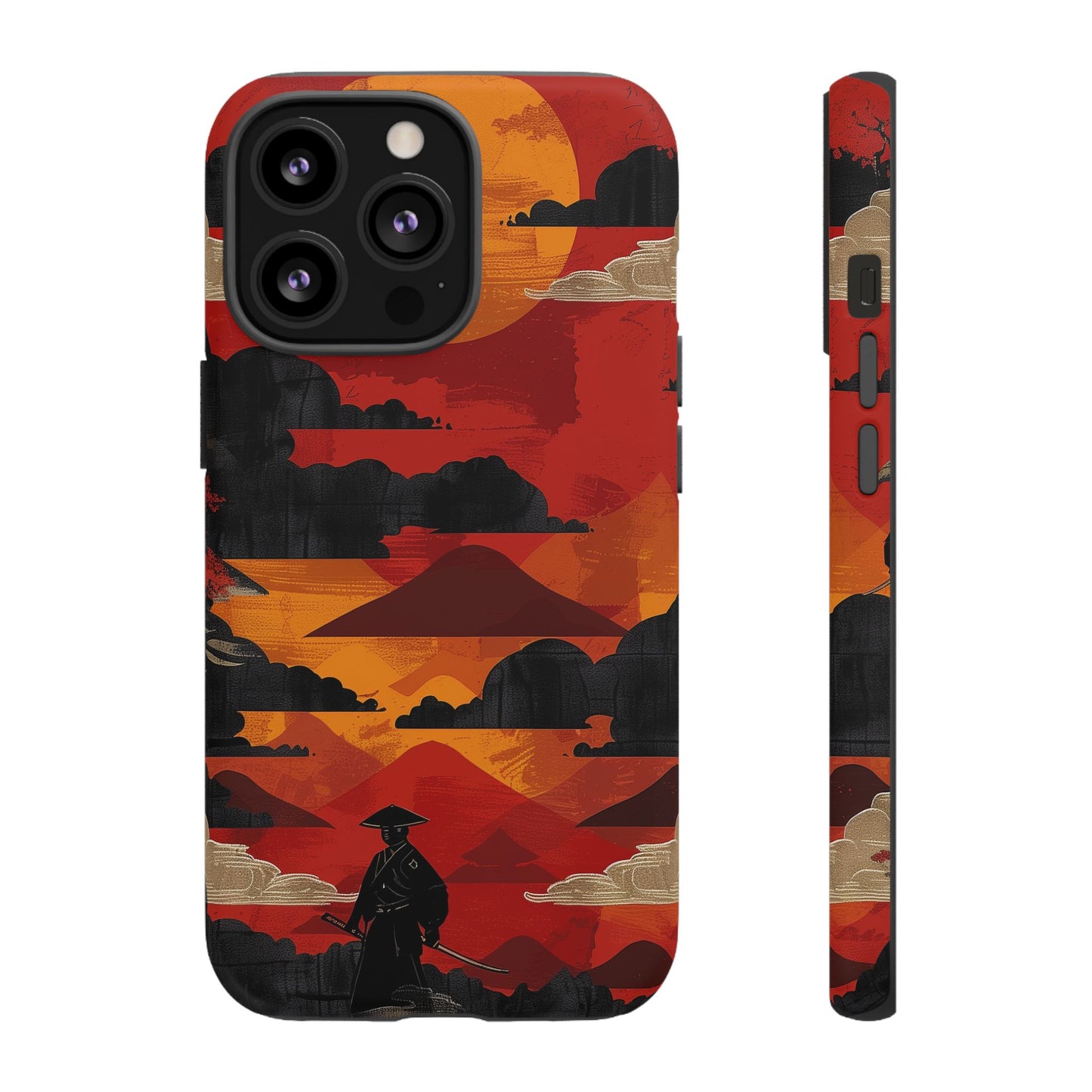 Samurai Sunset Vibrant Pattern iPhone 13 14 15 16 Pro Max Plus Case Wireless Charging Compatible Tough Cases Protection, Magnetic Phone Case for iPhone Classic Series