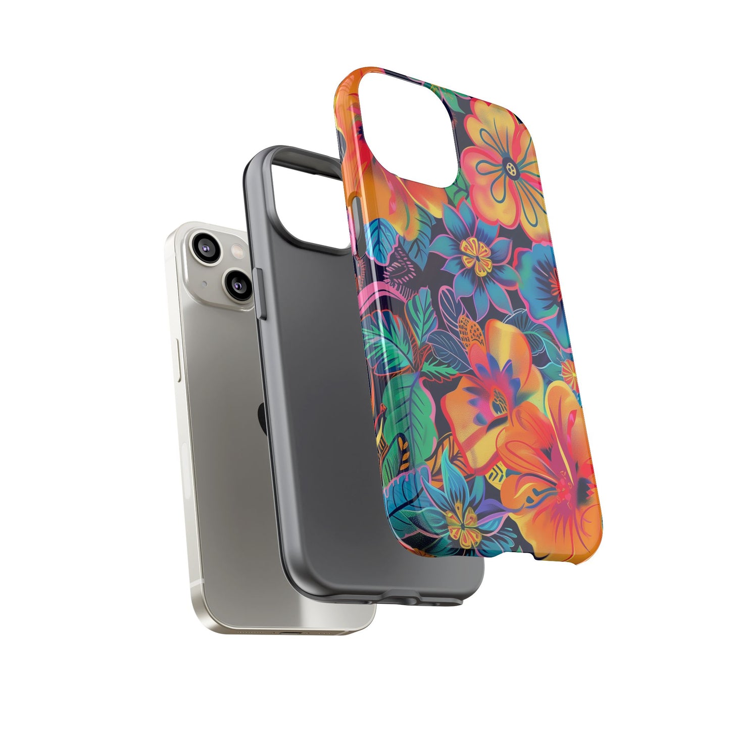 Floral Fiesta Vibrant Pattern iPhone 13 14 15 16 Pro Max Plus Case Wireless Charging Compatible Tough Cases Protection, Magnetic Phone Case for iPhone Classic Series