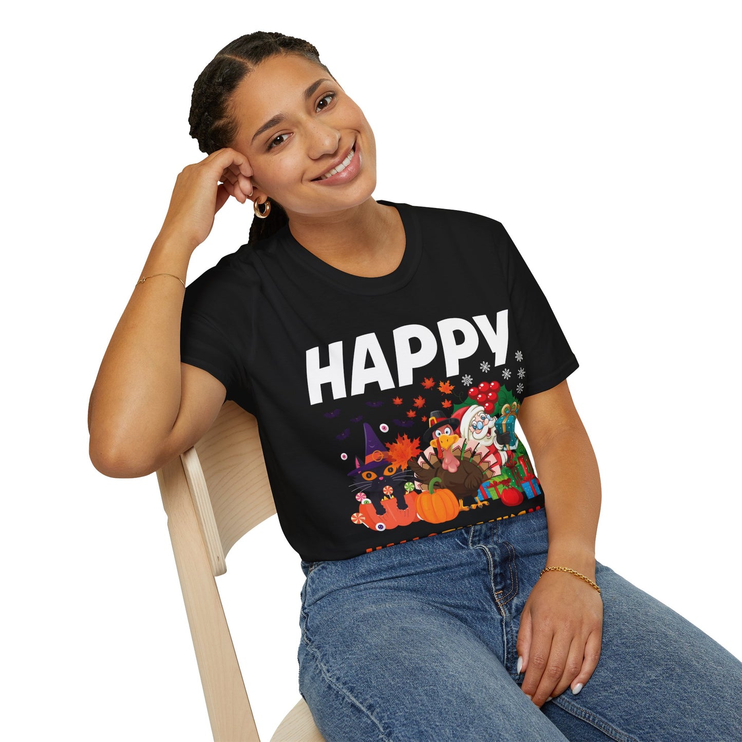 Funny Happy Hallothanksmas Halloween Thanksgiving Christmas Mash Up T-Shirt Men Women Kids