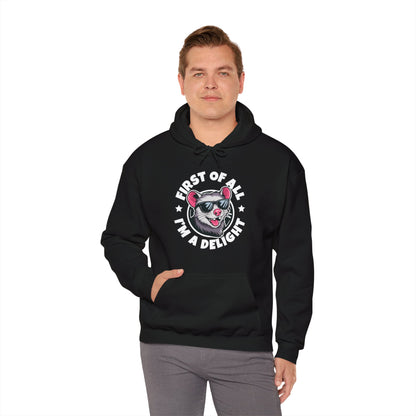 Funny First Of All I'm A Delight Sarcastic Angry Opossum Possum Hoodie For Men Women Hoodie