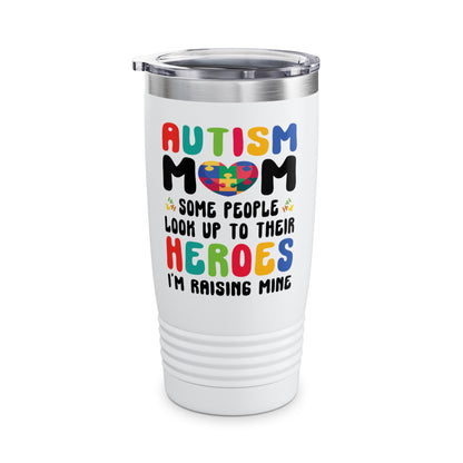 Funny Autism Mom Raising Hero Groovy Messy Bun Autism Awareness Tumbler For Men Women Tumbler