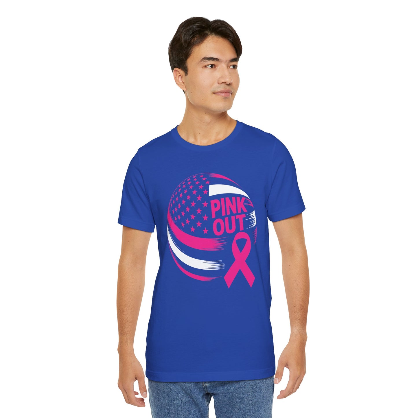 Volley Ball Pink Ribbon Breast Cancer Awearness USA Flag T-Shirt For Men Women