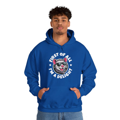 Funny First Of All I'm A Delight Sarcastic Angry Opossum Possum Hoodie For Men Women Hoodie