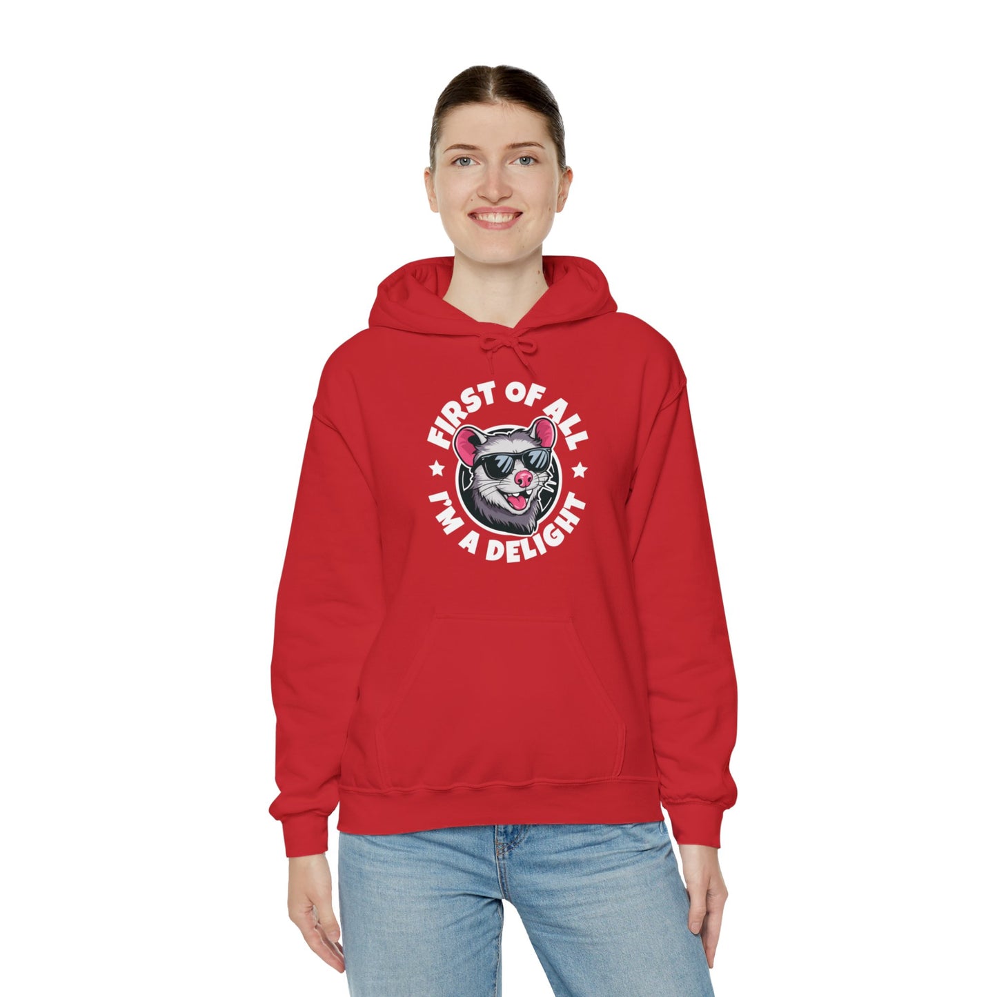 Funny First Of All I'm A Delight Sarcastic Angry Opossum Possum Hoodie For Men Women Hoodie