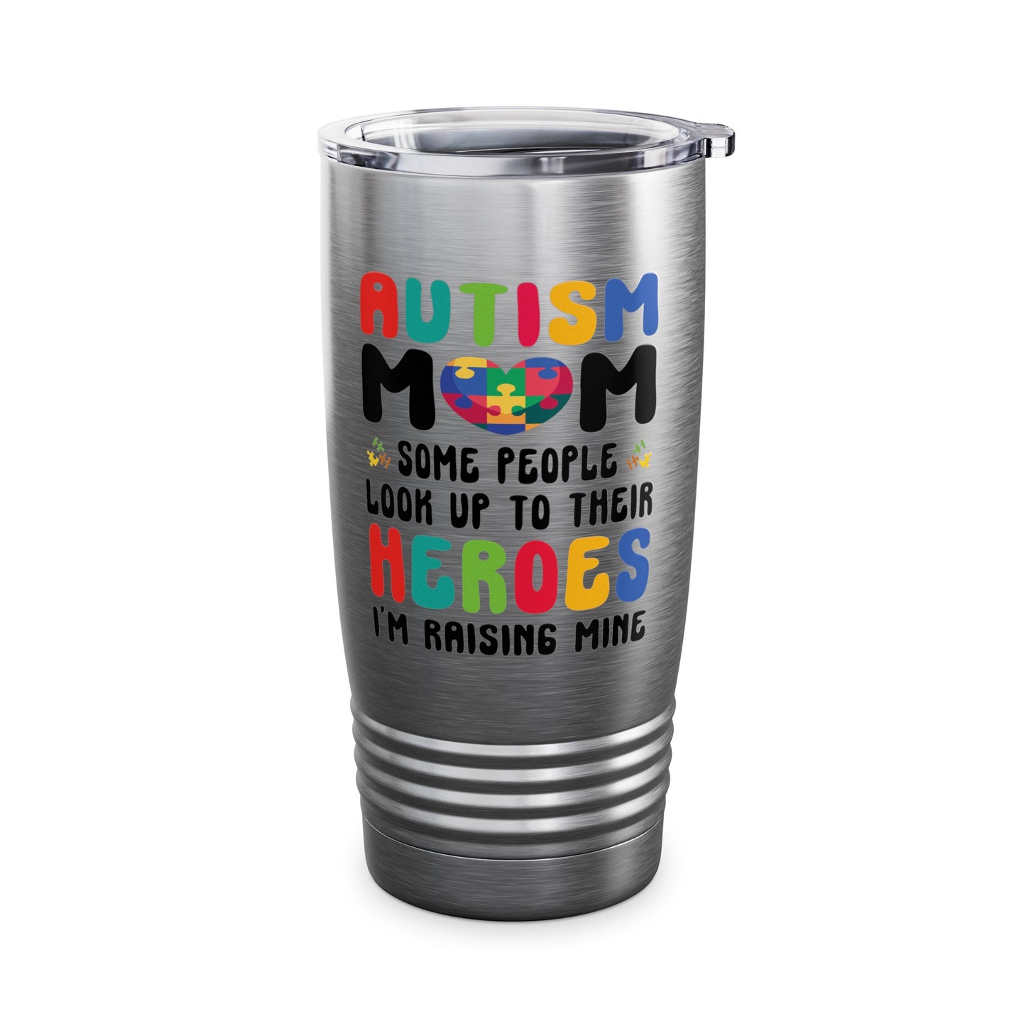 Funny Autism Mom Raising Hero Groovy Messy Bun Autism Awareness Tumbler For Men Women Tumbler