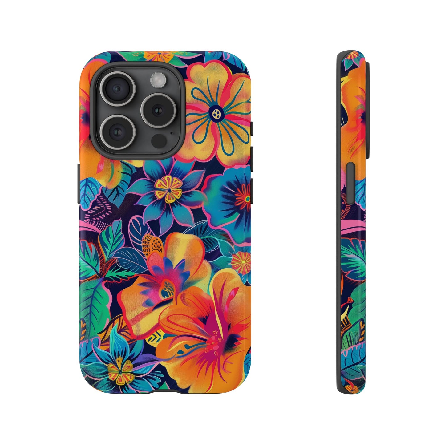 Floral Fiesta Vibrant Pattern iPhone 13 14 15 16 Pro Max Plus Case Wireless Charging Compatible Tough Cases Protection, Magnetic Phone Case for iPhone Classic Series