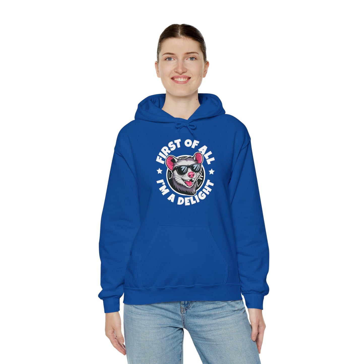 Funny First Of All I'm A Delight Sarcastic Angry Opossum Possum Hoodie For Men Women Hoodie