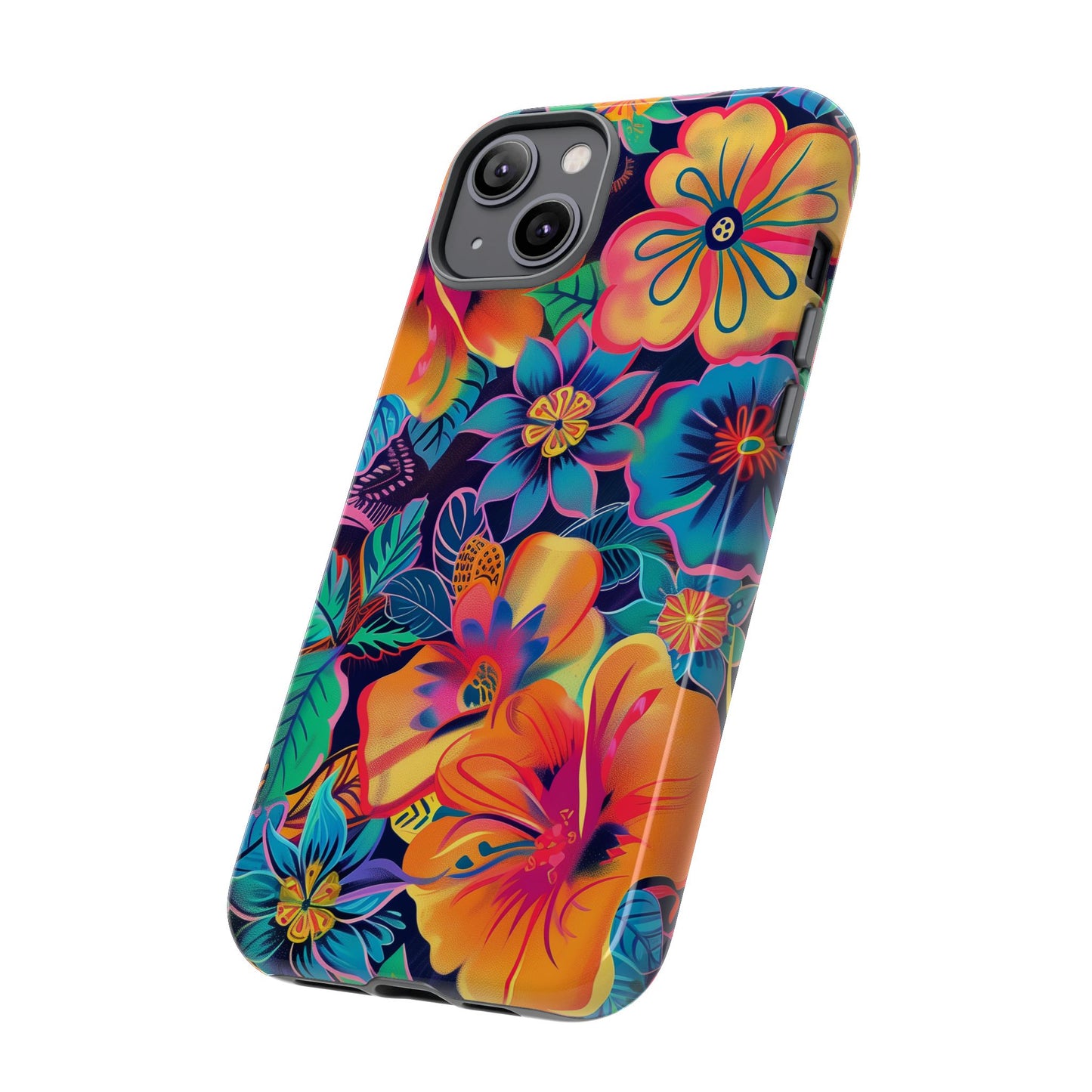 Floral Fiesta Vibrant Pattern iPhone 13 14 15 16 Pro Max Plus Case Wireless Charging Compatible Tough Cases Protection, Magnetic Phone Case for iPhone Classic Series