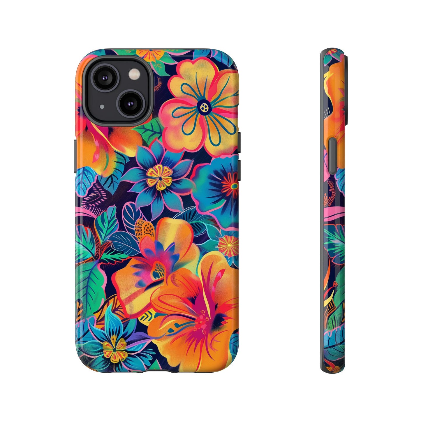 Floral Fiesta Vibrant Pattern iPhone 13 14 15 16 Pro Max Plus Case Wireless Charging Compatible Tough Cases Protection, Magnetic Phone Case for iPhone Classic Series