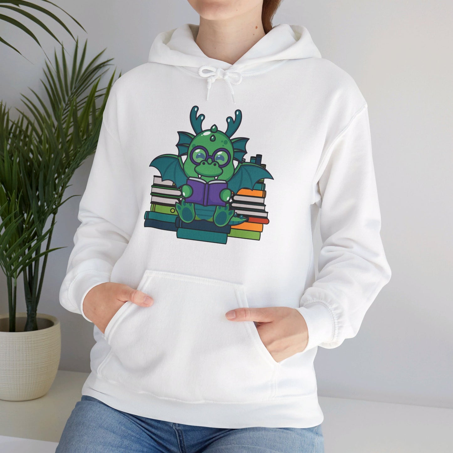 Funny Dragon and Books Nerds Cute Dragon Reading A Book Hoodie For Men Women Hoodie