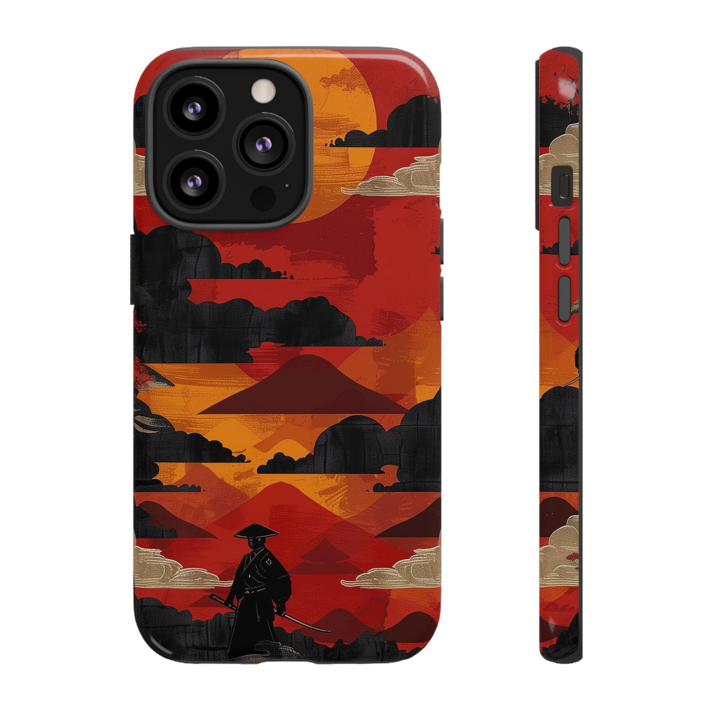 Samurai Sunset Vibrant Pattern iPhone 13 14 15 16 Pro Max Plus Case Wireless Charging Compatible Tough Cases Protection, Magnetic Phone Case for iPhone Classic Series