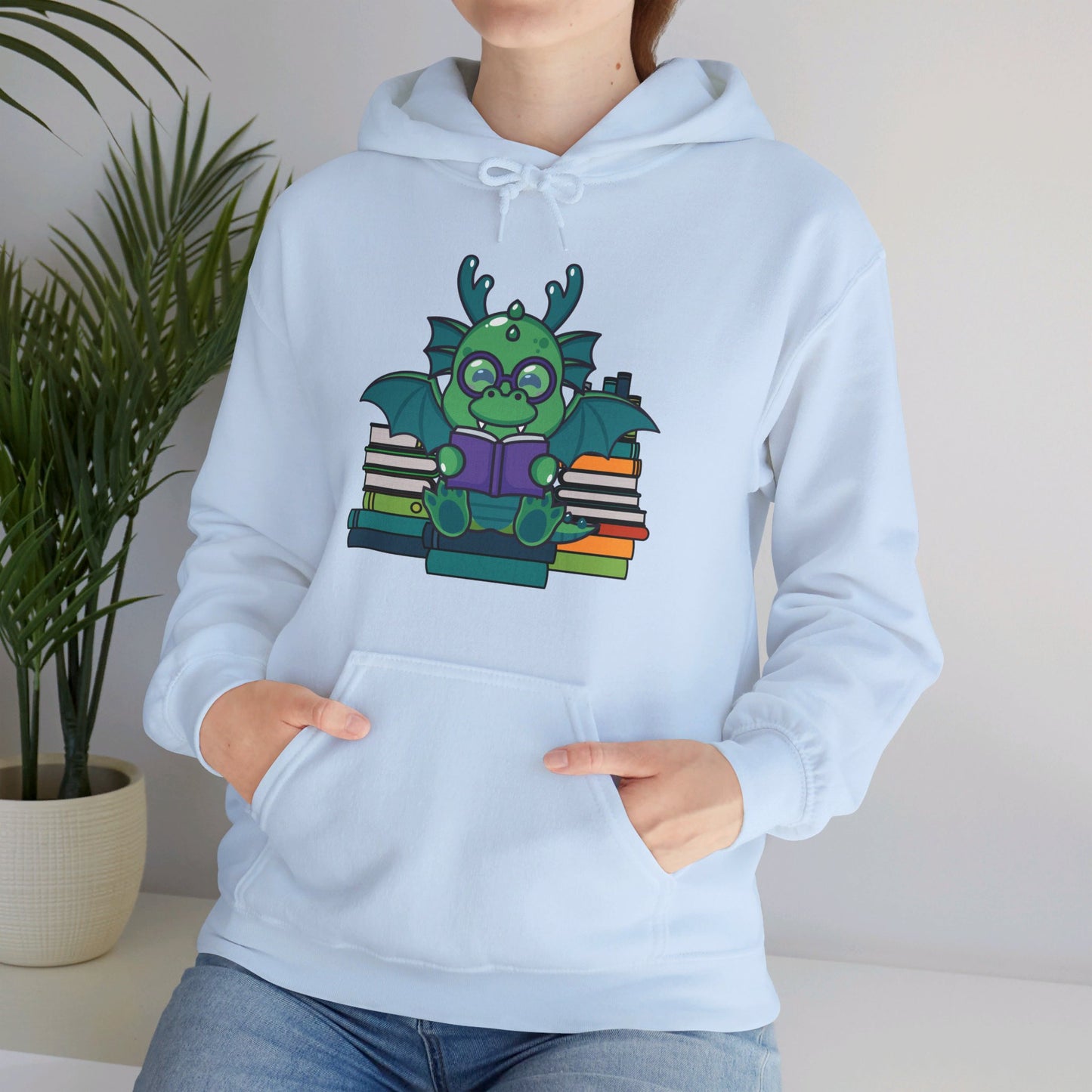 Funny Dragon and Books Nerds Cute Dragon Reading A Book Hoodie For Men Women Hoodie