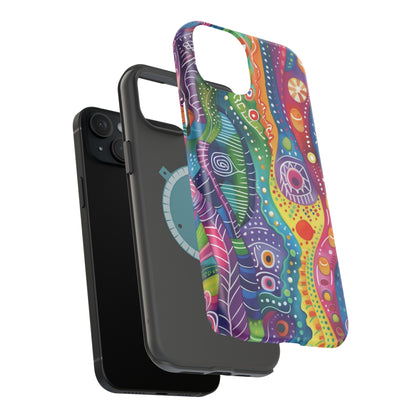 Abstract Rainbow Doodle Pattern iPhone 13 14 15 Pro Max Plus Case Compatible with MagSafe Tough Cases Protection, Magnetic Phone Case for iPhone  Classic Series