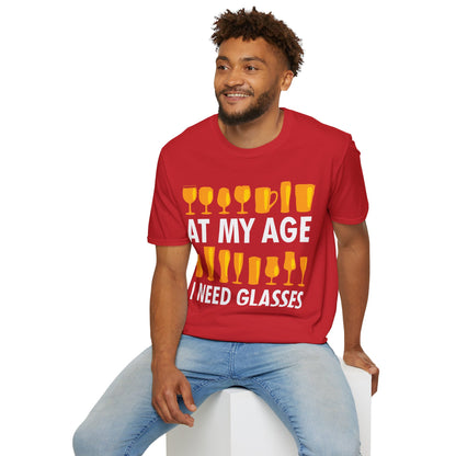 Funny Beer Wine Drinking Shirt At My Age I Need Glasses T-Shirt Men Women