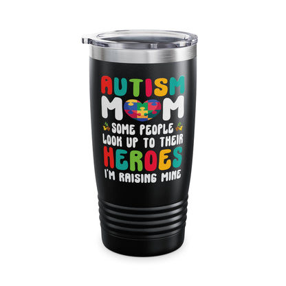 Funny Autism Mom Raising Hero Groovy Messy Bun Autism Awareness Tumbler For Men Women Tumbler