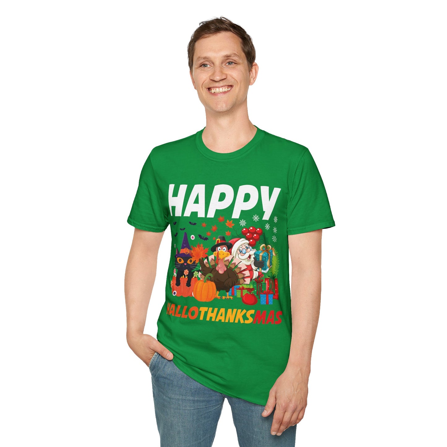 Funny Happy Hallothanksmas Halloween Thanksgiving Christmas Mash Up T-Shirt Men Women Kids