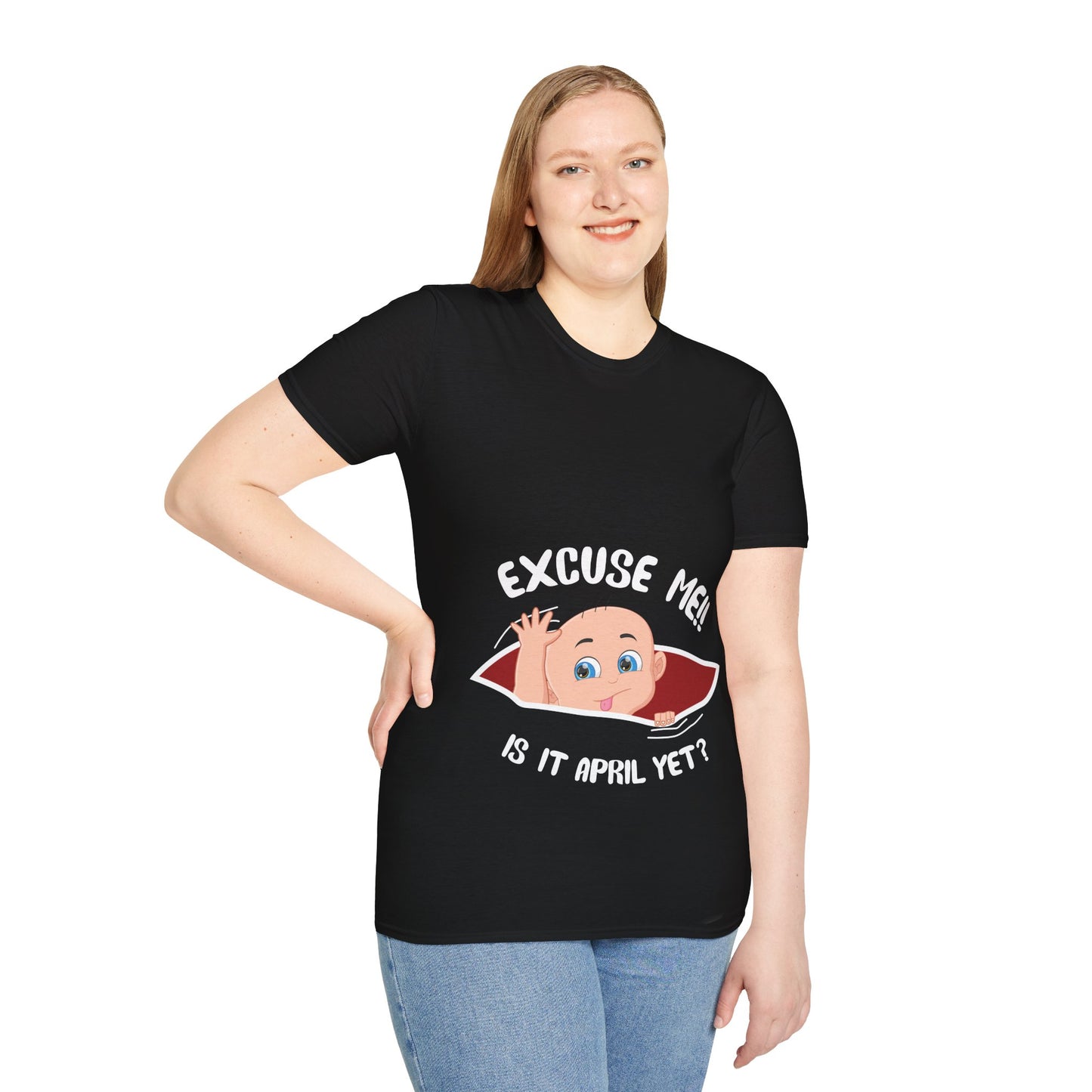 Personalized Month Womens Excuse Me Is It April Yet Cute Baby Girl Funny Pregnancy T-Shirt