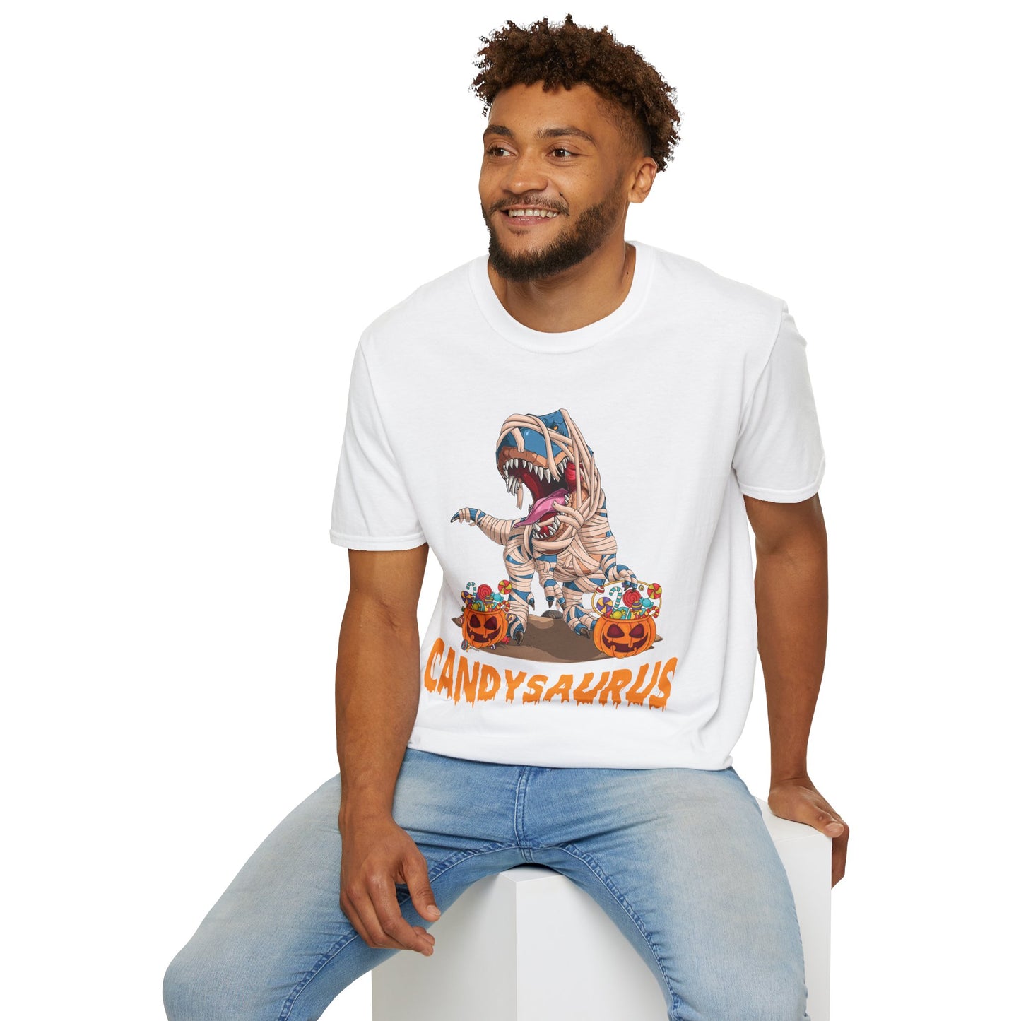 Funny Candysaurus Dinosaur Pumpkin Candy Halloween Zombie T-rex T-Shirt Men Women Kids