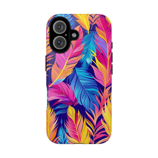 Colorful Feathers Pattern iPhone 13 14 15 16 Pro Max Plus Case Wireless Charging Compatible Tough Cases Protection, Magnetic Phone Case for iPhone Classic Series