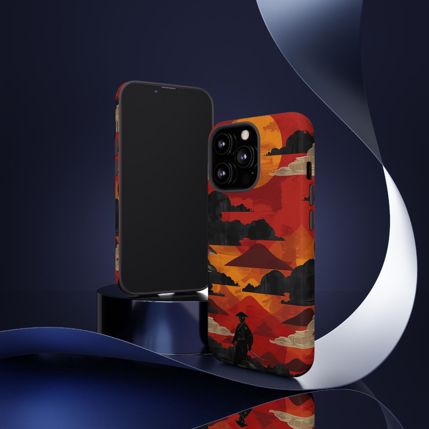 Samurai Sunset Vibrant Pattern iPhone 13 14 15 16 Pro Max Plus Case Wireless Charging Compatible Tough Cases Protection, Magnetic Phone Case for iPhone Classic Series