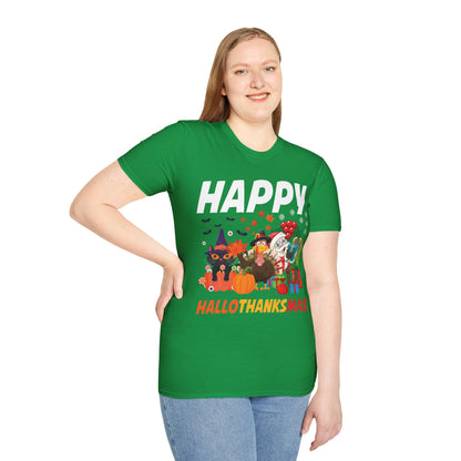 Funny Happy Hallothanksmas Halloween Thanksgiving Christmas Mash Up T-Shirt Men Women Kids