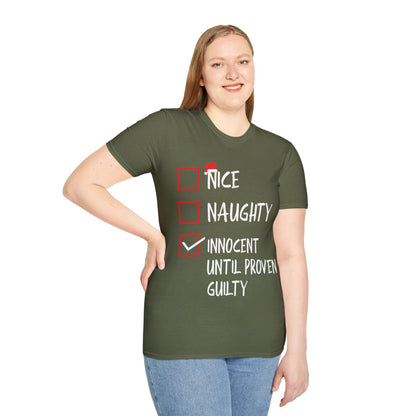 Nice Naughty Innocent Until Proven Guilty Christmas List Funny T-Shirt