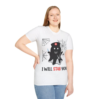 Funny Nurse Ghost I Will Stab You Shot Halloween Boo Women T-Shirt