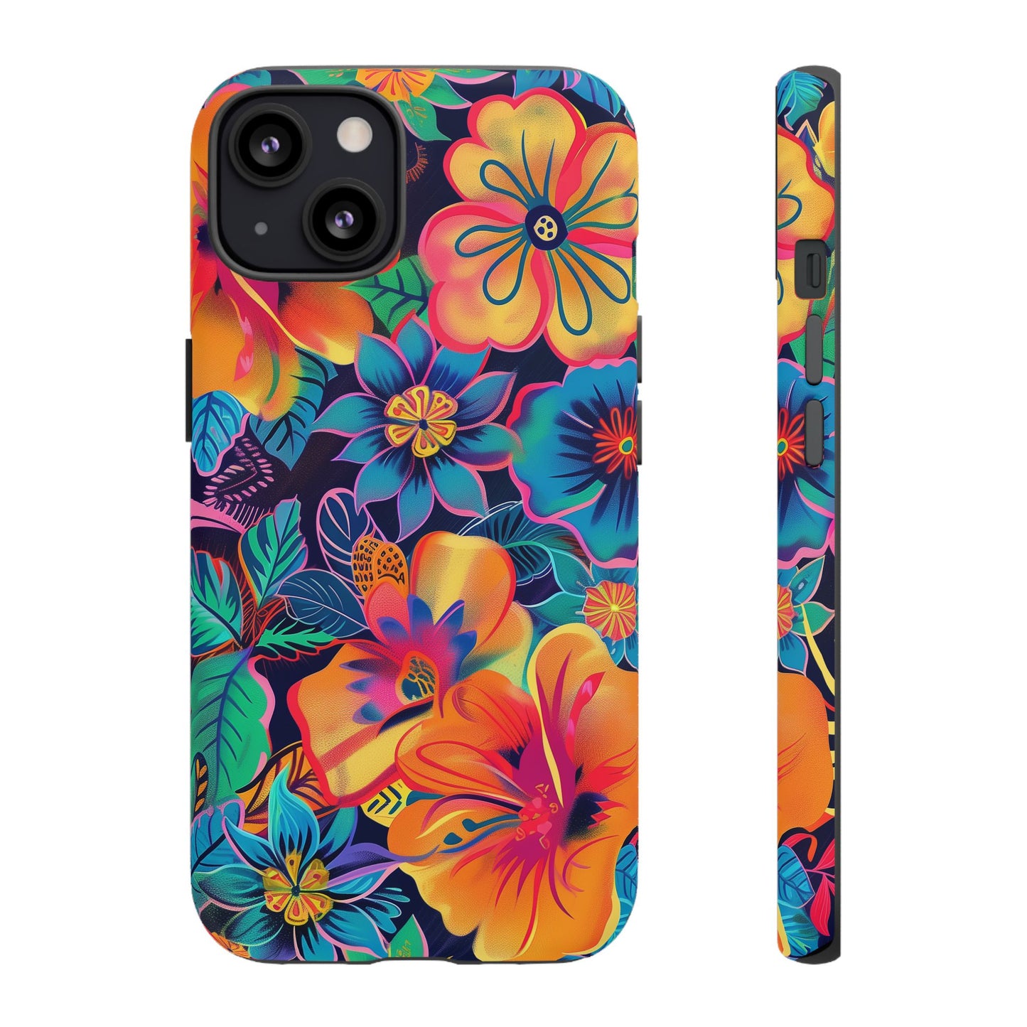 Floral Fiesta Vibrant Pattern iPhone 13 14 15 16 Pro Max Plus Case Wireless Charging Compatible Tough Cases Protection, Magnetic Phone Case for iPhone Classic Series