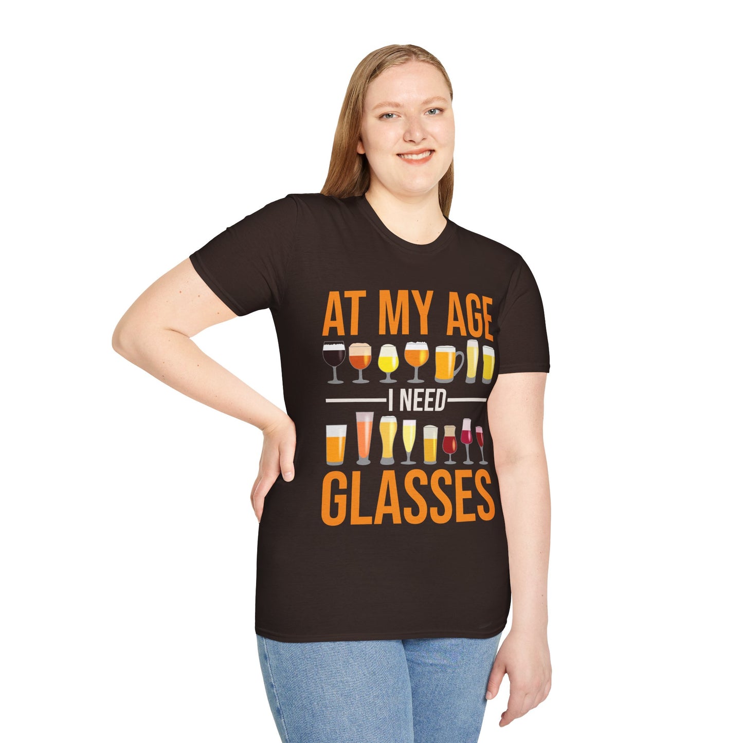 Funny At My Age I Need Glasses Cool Cocktail Beer Glass Drinking T-Shirt  Men Women