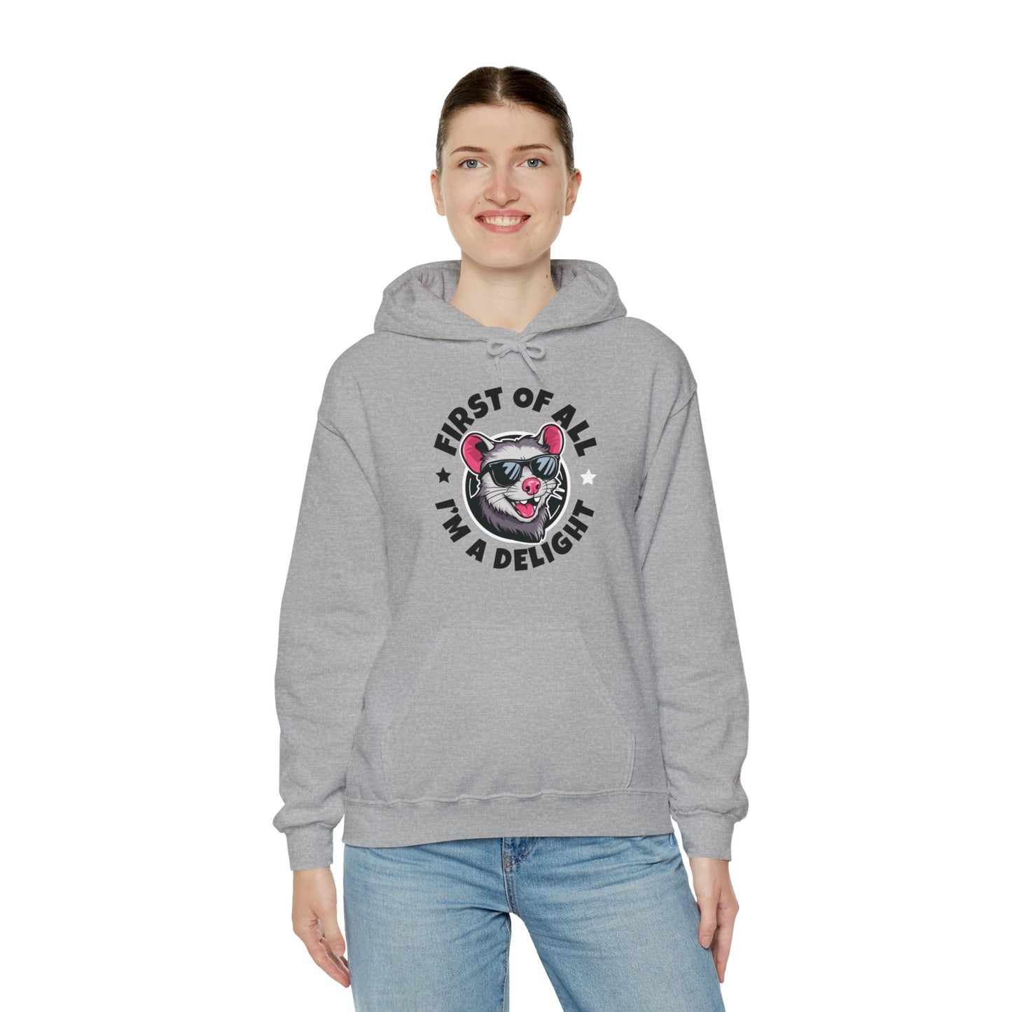 Funny First Of All I'm A Delight Sarcastic Angry Opossum Possum Hoodie For Men Women Hoodie