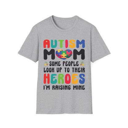 Funny Autism Mom Raising Hero Groovy Messy Bun Autism Awareness T-Shirt For Men Women T-Shirt