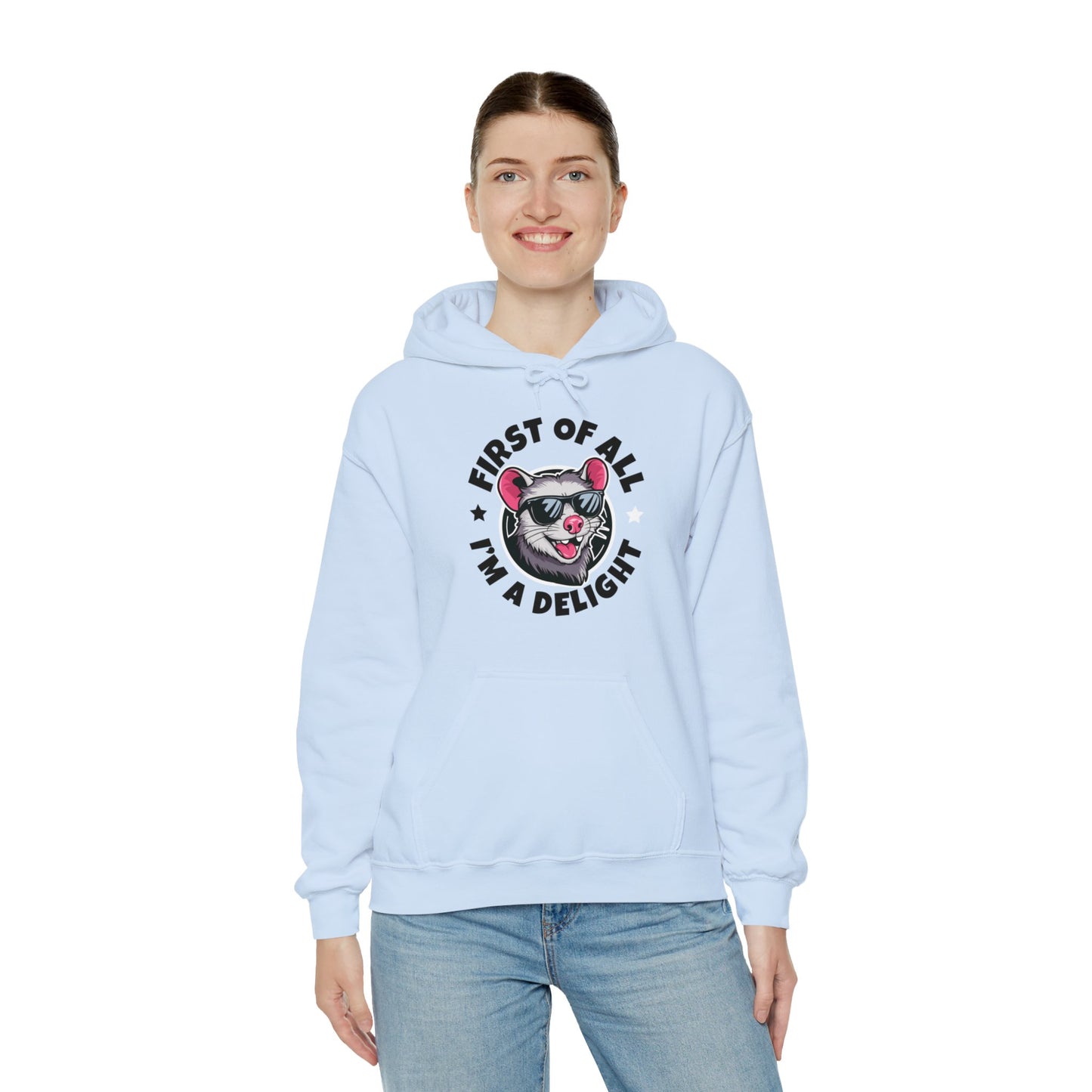Funny First Of All I'm A Delight Sarcastic Angry Opossum Possum Hoodie For Men Women Hoodie