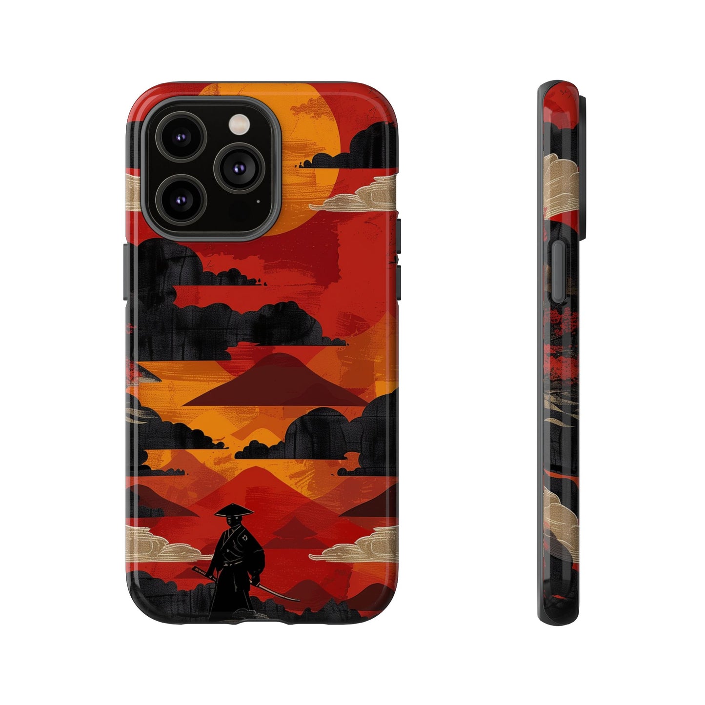 Samurai Sunset Vibrant Pattern iPhone 13 14 15 16 Pro Max Plus Case Wireless Charging Compatible Tough Cases Protection, Magnetic Phone Case for iPhone Classic Series