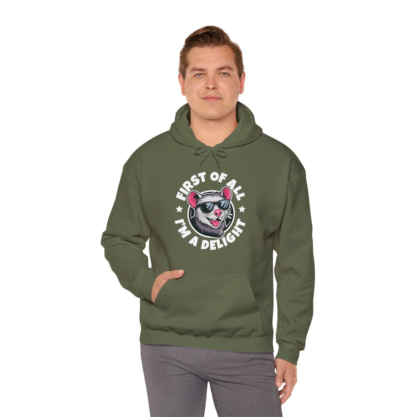 Funny First Of All I'm A Delight Sarcastic Angry Opossum Possum Hoodie For Men Women Hoodie